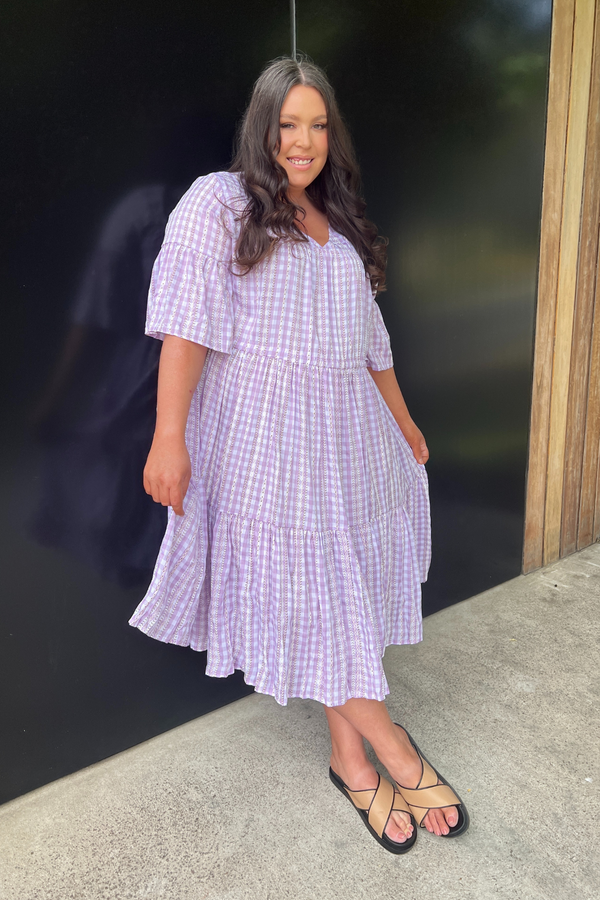 DELILAH TIERED DRESS - PURPLE GINGHAM - Lunar Fox