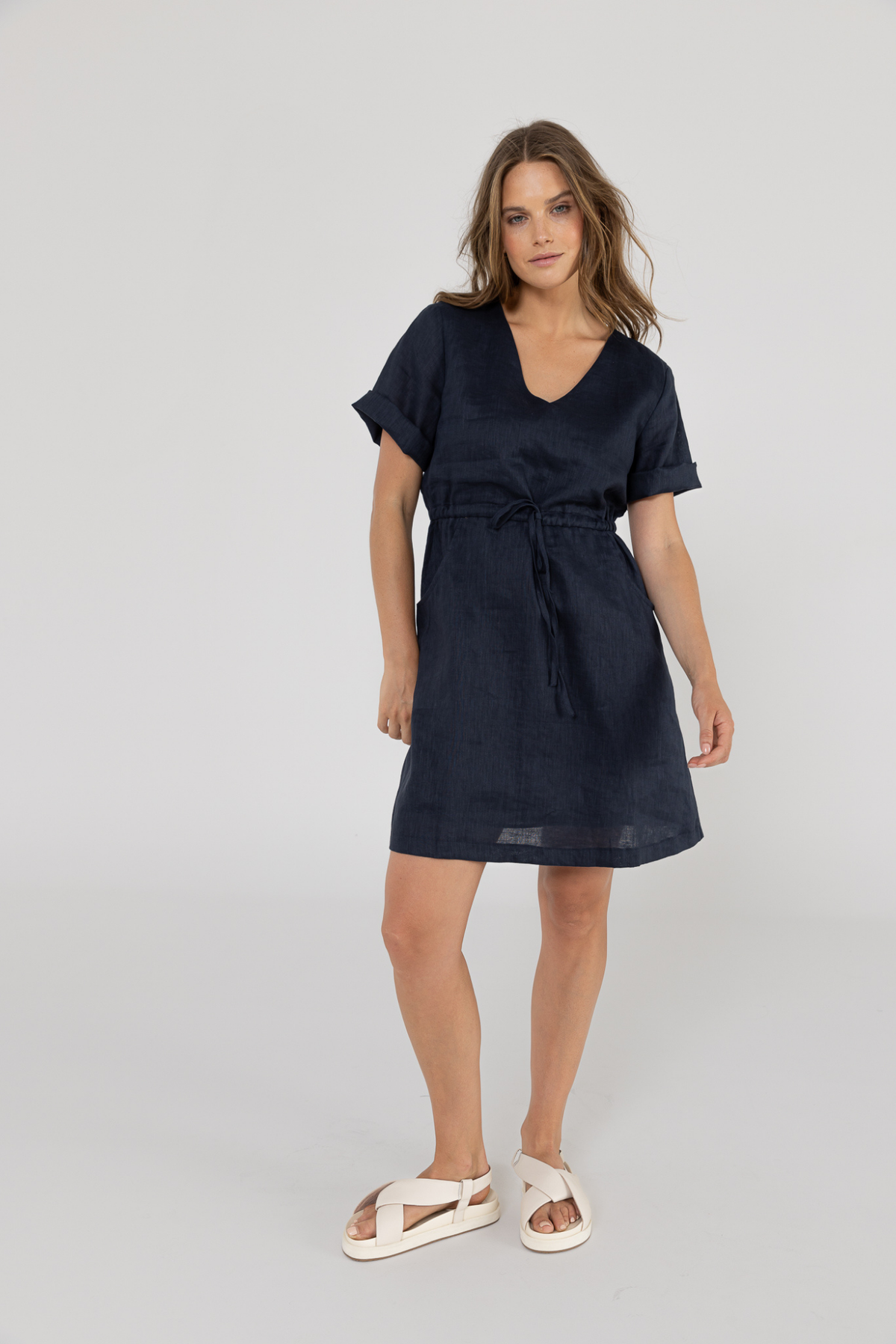 RILEY LINEN DRESS - NAVY