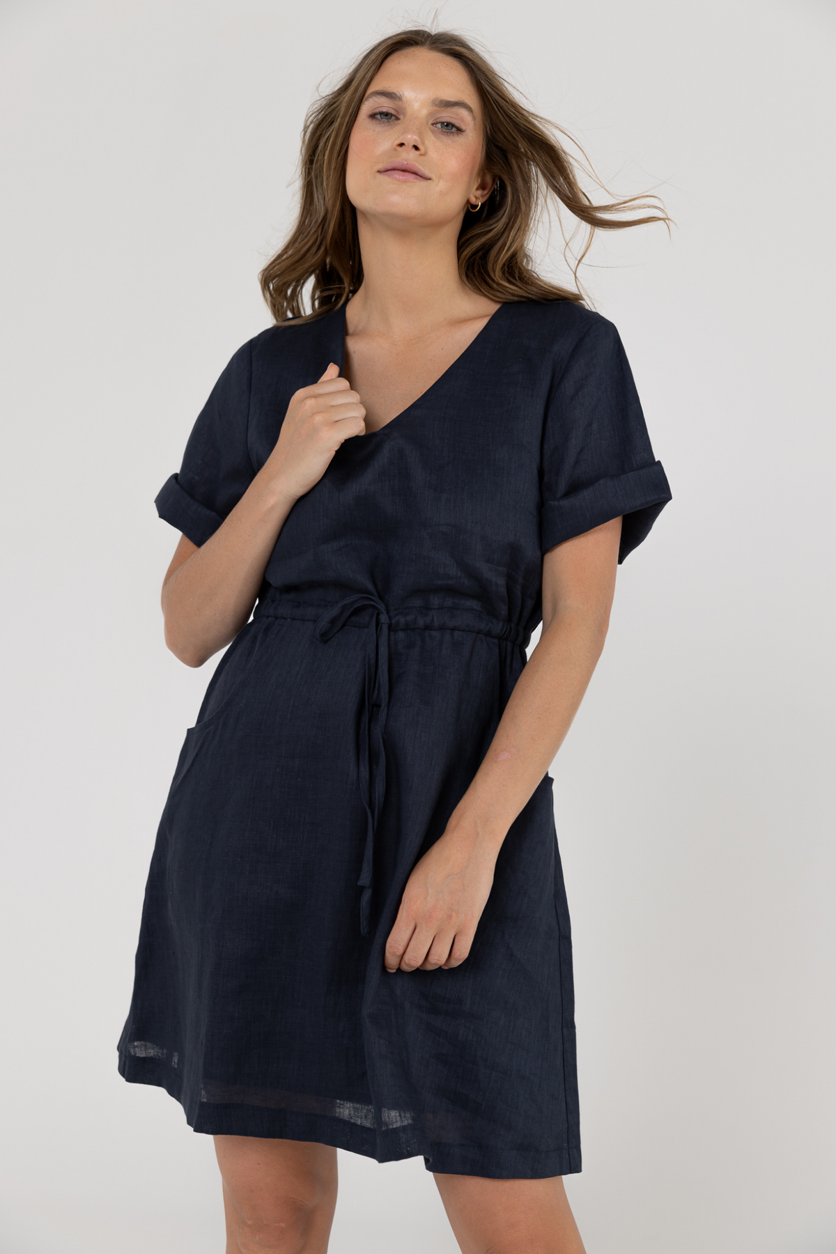 RILEY LINEN DRESS - NAVY