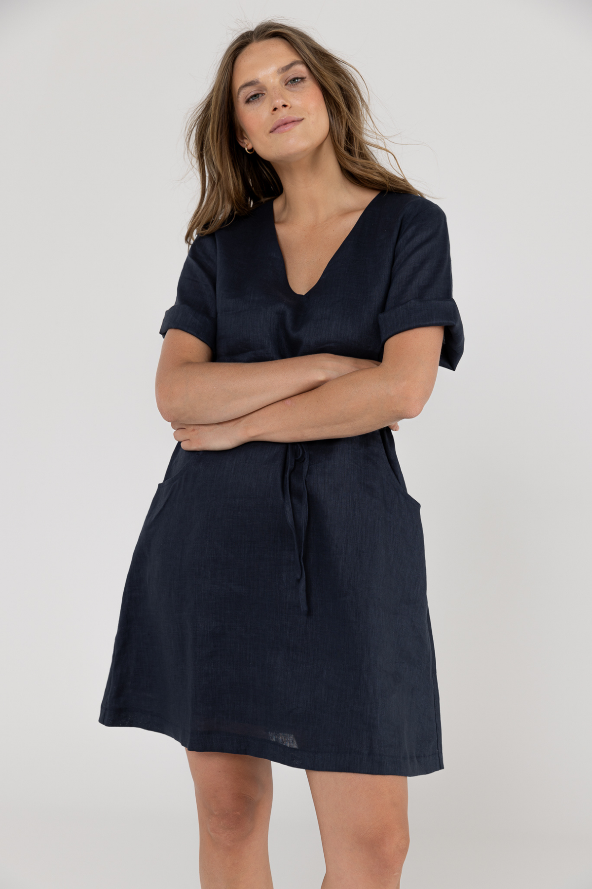 RILEY LINEN DRESS - NAVY