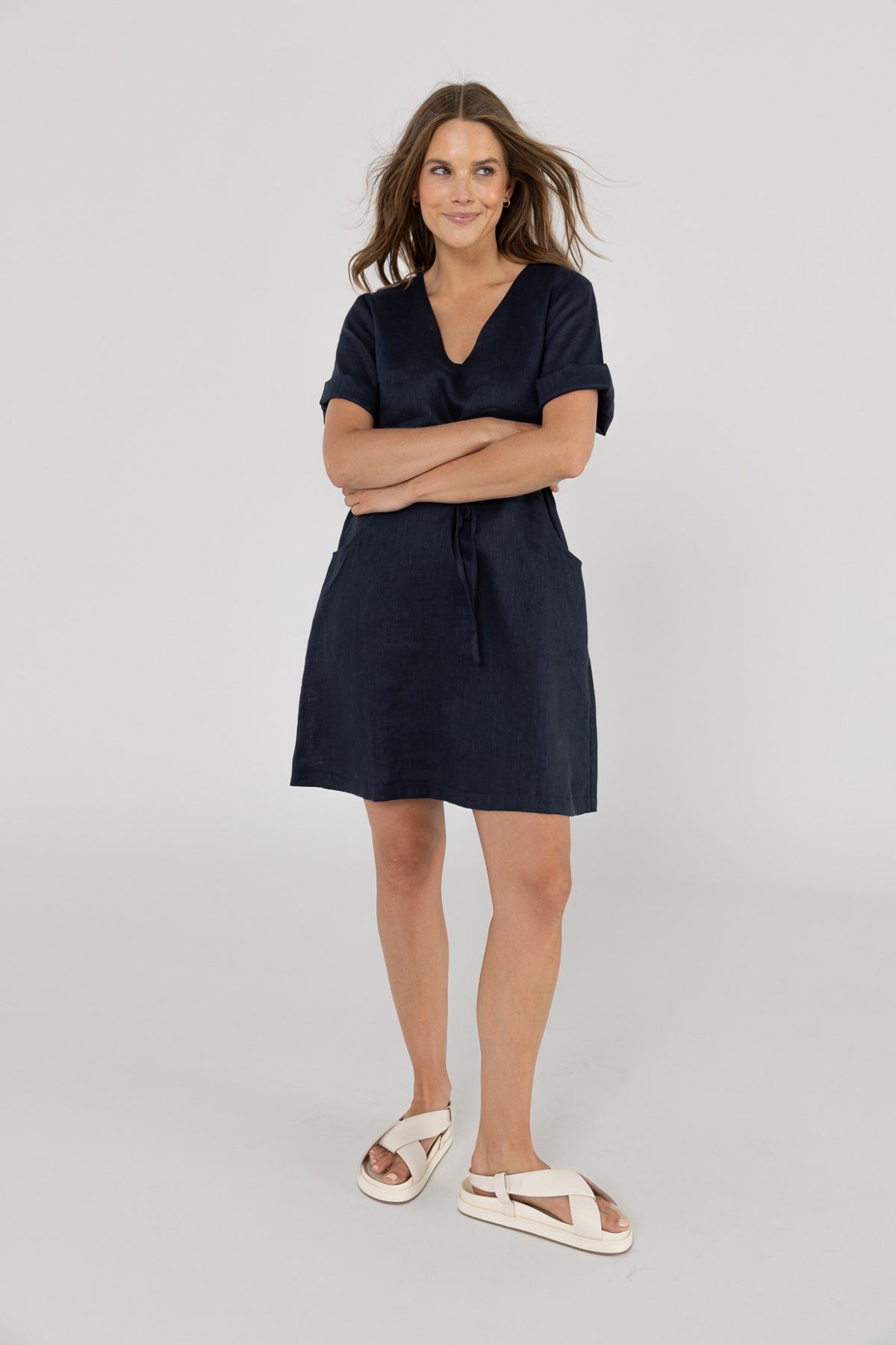 RILEY LINEN DRESS - NAVY