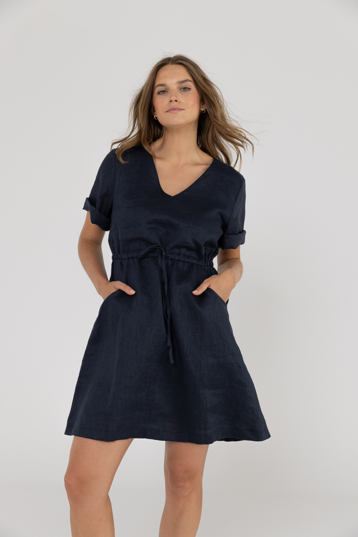 RILEY LINEN DRESS - NAVY