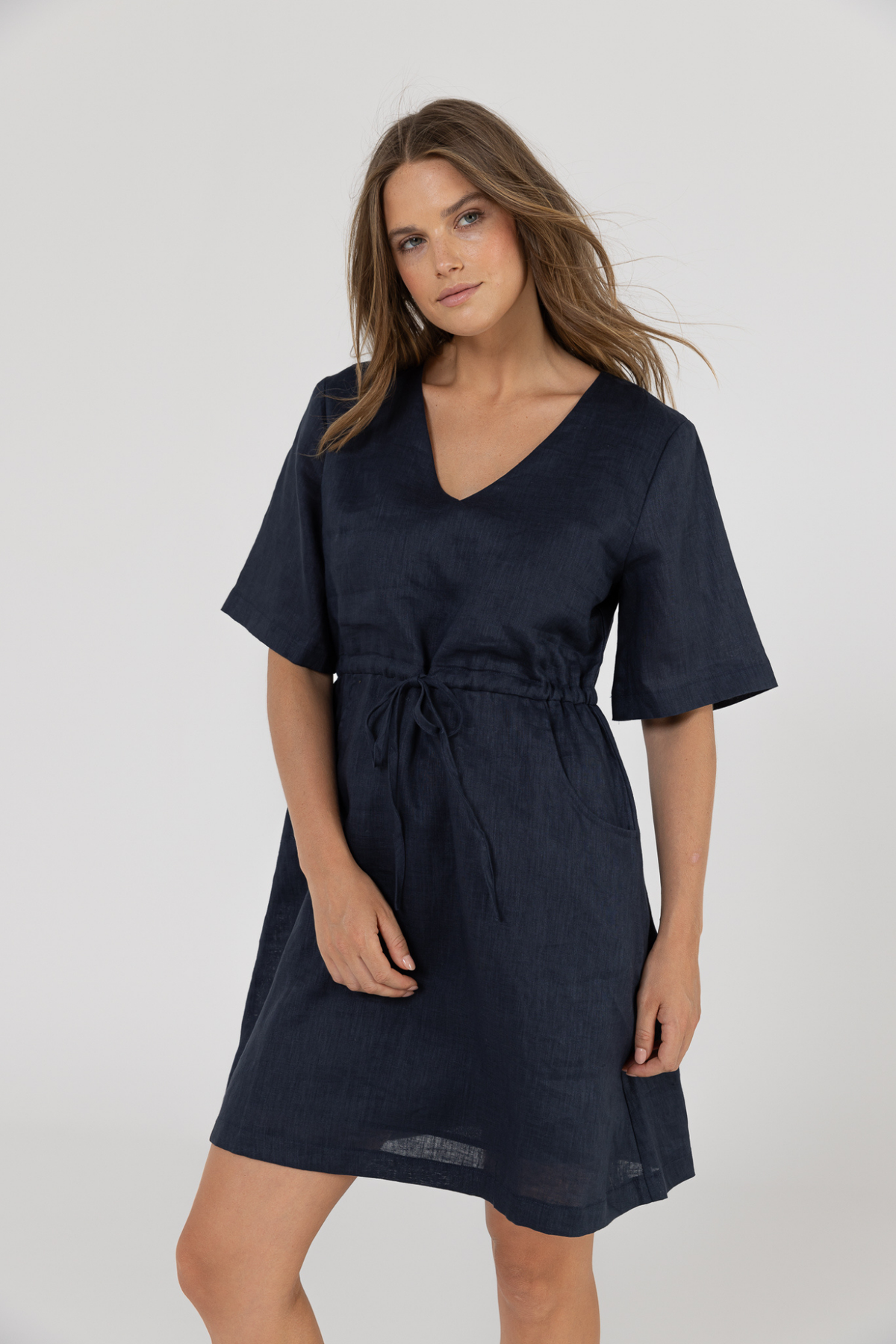 RILEY LINEN DRESS - NAVY