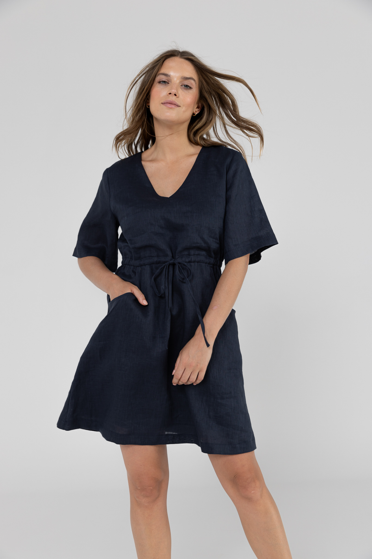 RILEY LINEN DRESS - NAVY