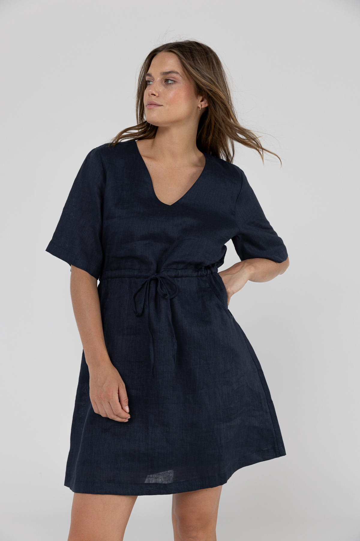 RILEY LINEN DRESS - NAVY