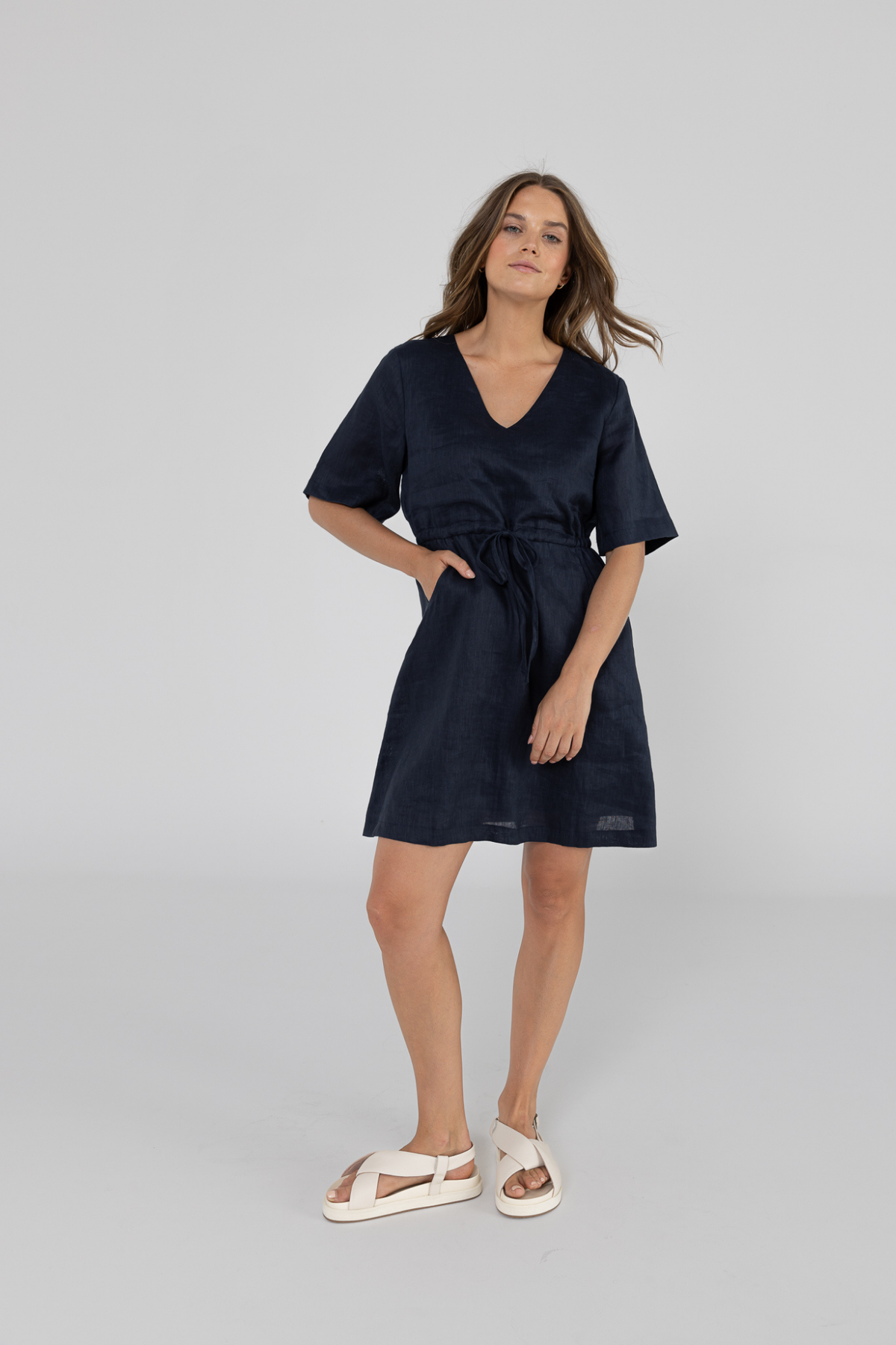 RILEY LINEN DRESS - NAVY