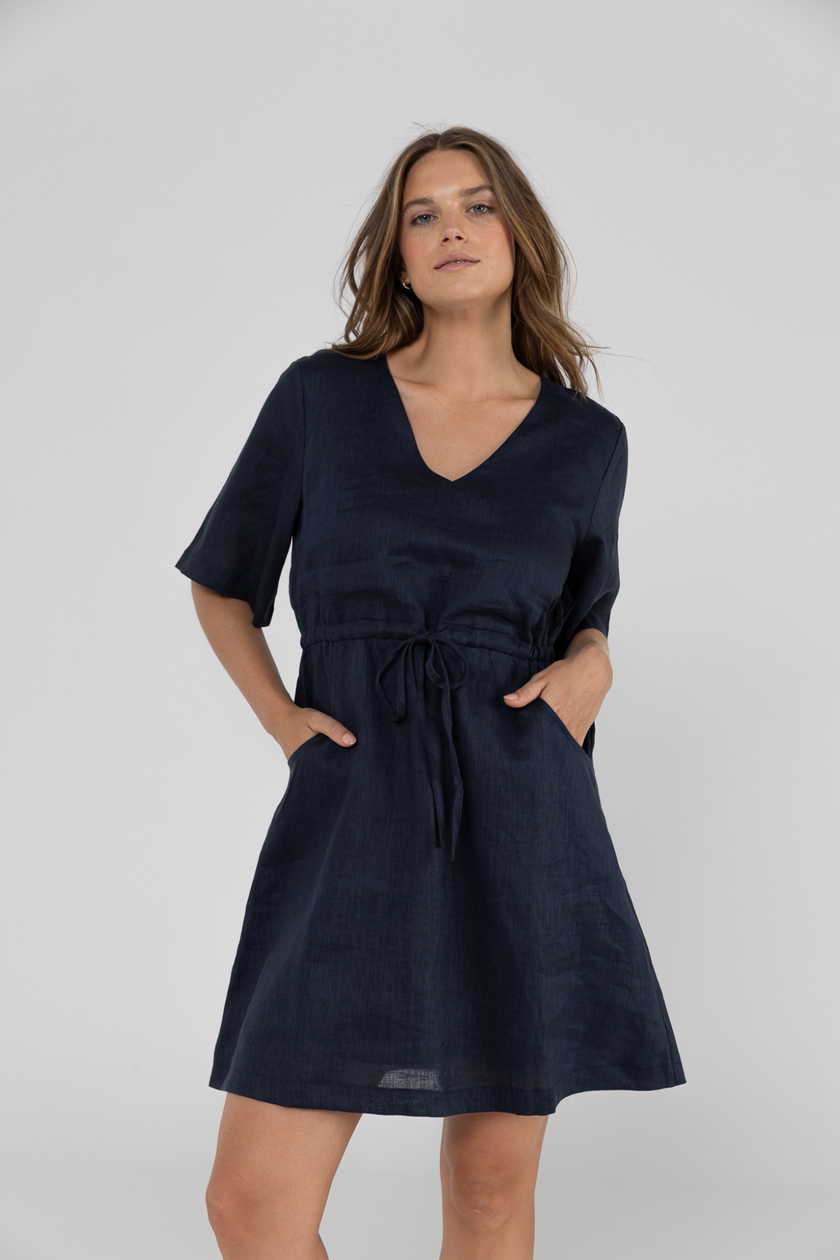 RILEY LINEN DRESS - NAVY