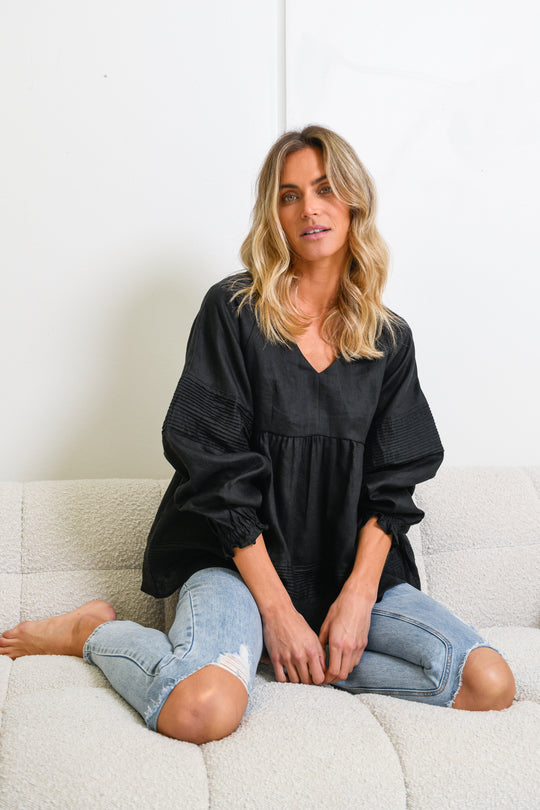KARLIE LINEN BLOUSE - BLACK