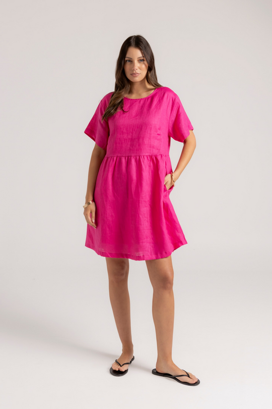 HARLEY LINEN DRESS - HOT PINK