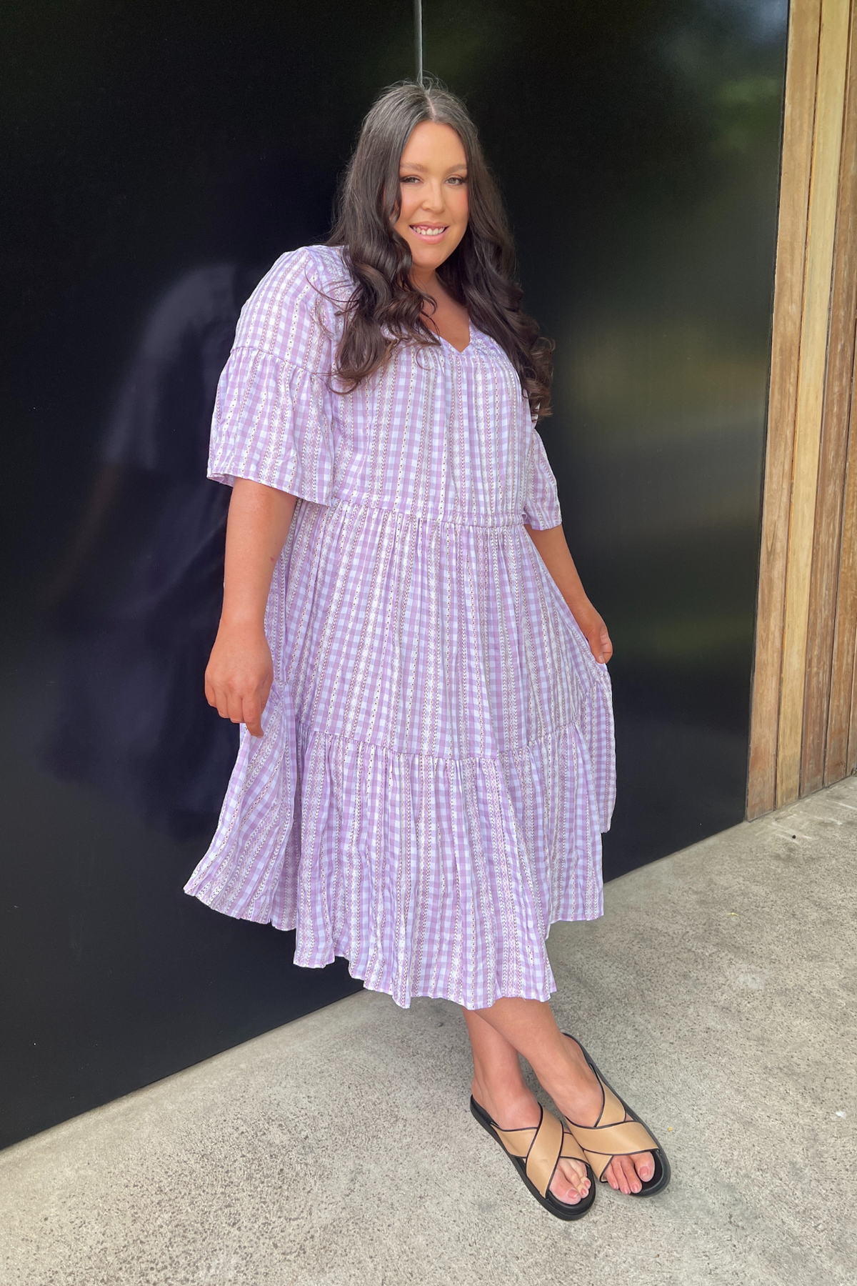 DELILAH TIERED DRESS - PURPLE GINGHAM