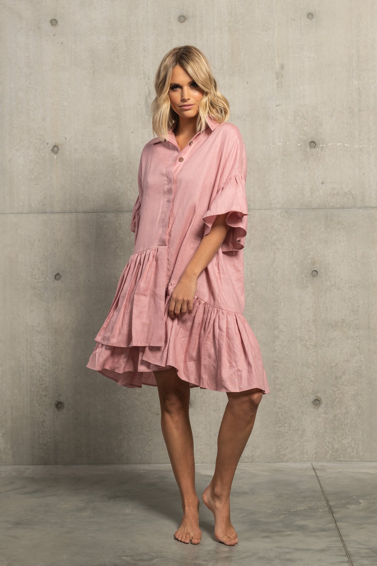 HARPER FRILL DRESS - DUSTY PINK