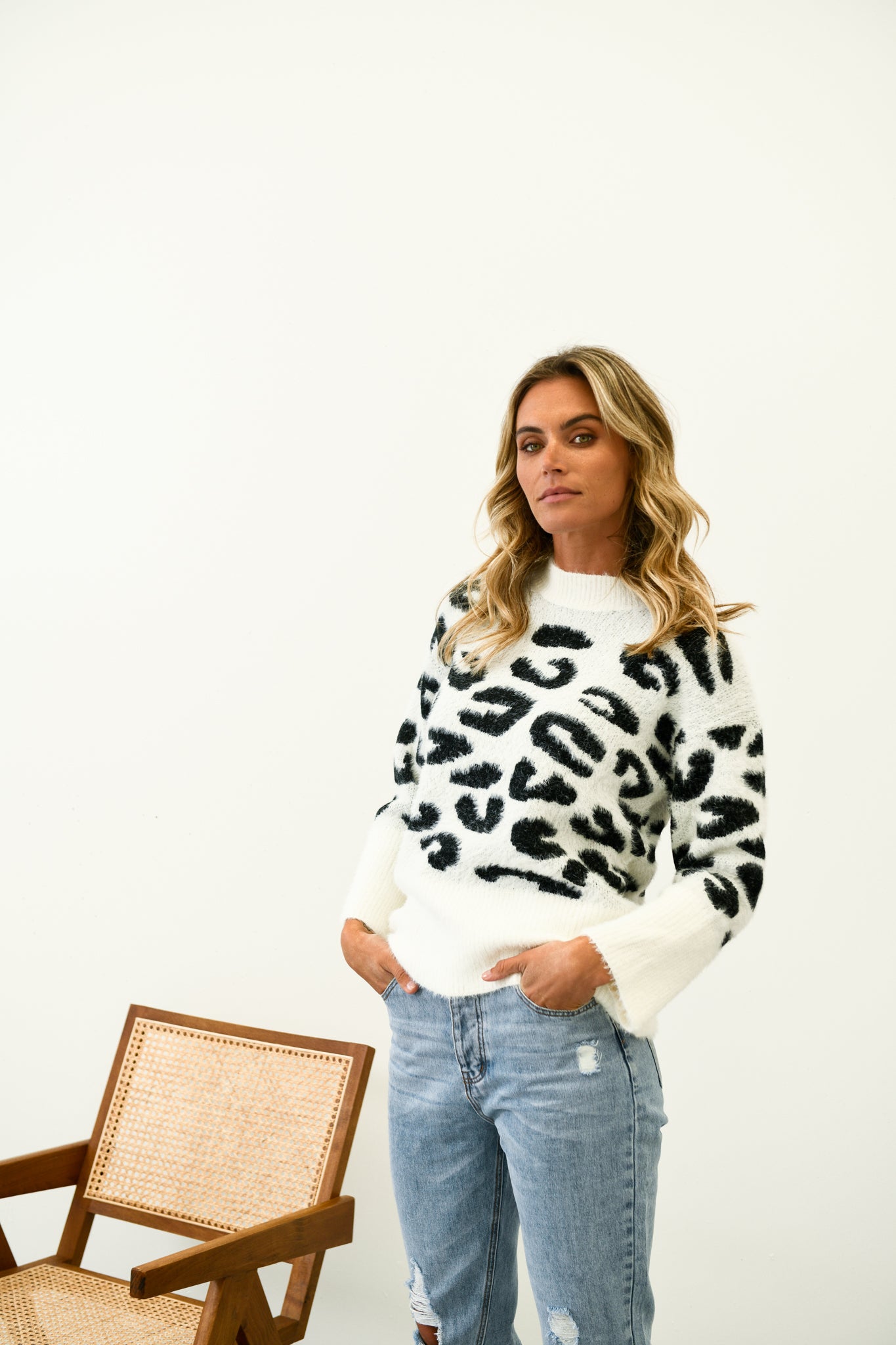 White leopard store print jumper