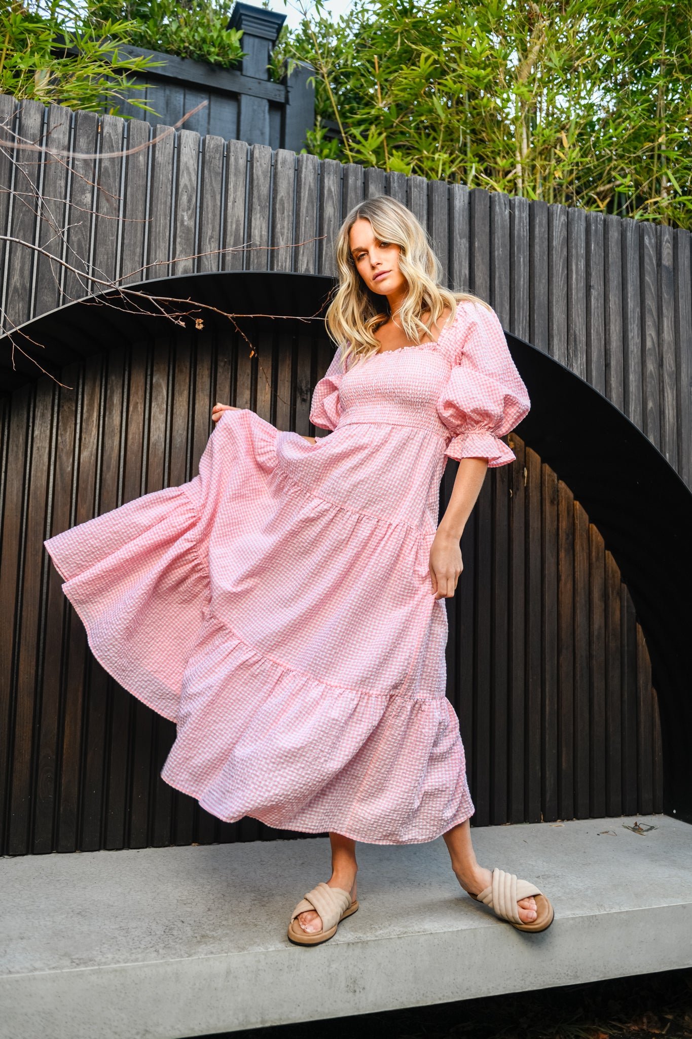 Influence puff sleeve tiered midi dress in pink gingham