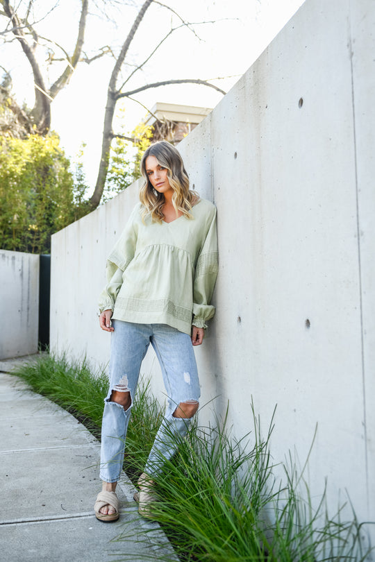 KARLIE LINEN BLOUSE - SAGE